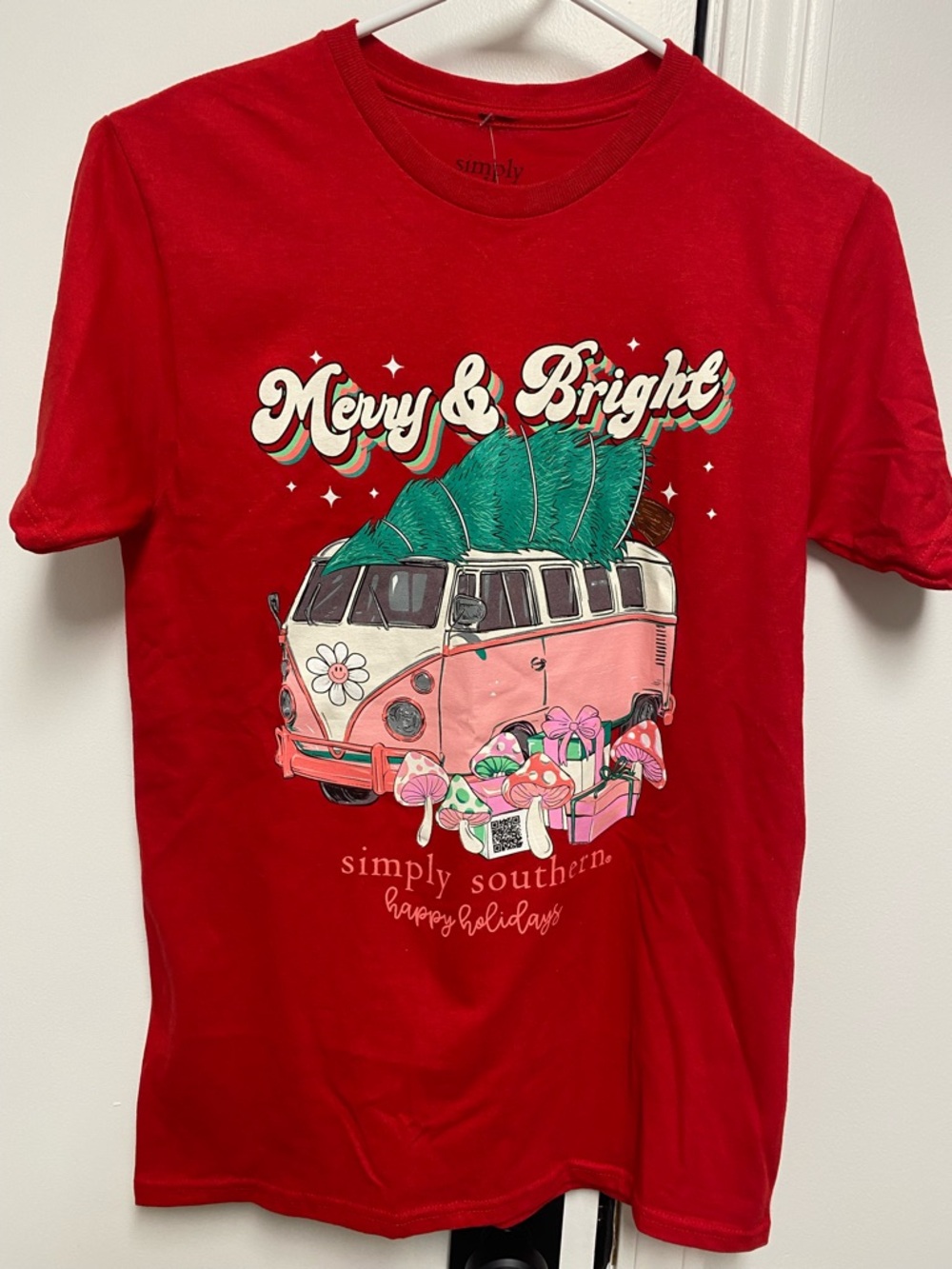 Simply Southern Red Tee with Pink Van & Green Tree Holiday Graphic